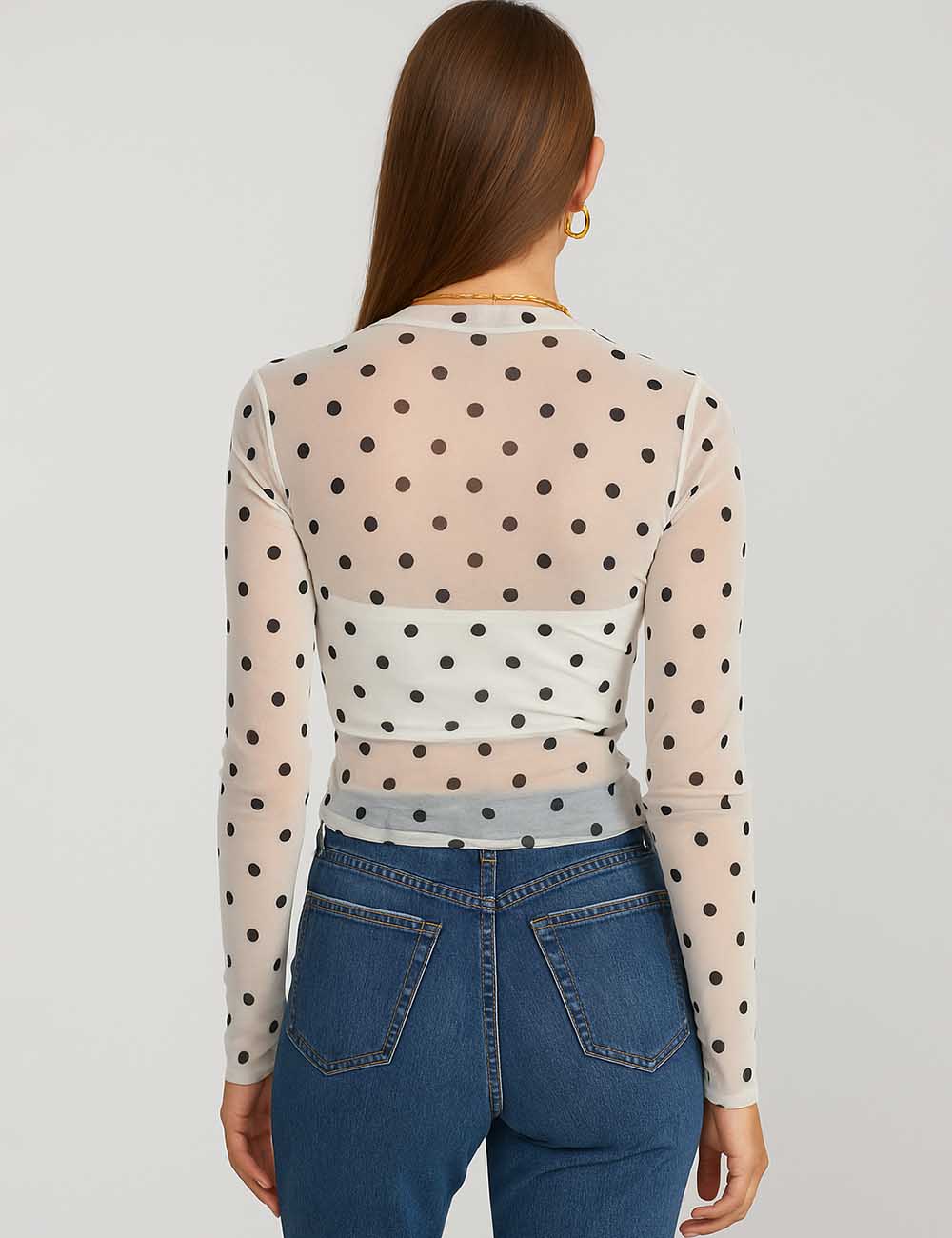 Ladies Round Neck See Sheer Polka Dot Layring Top SKT50700