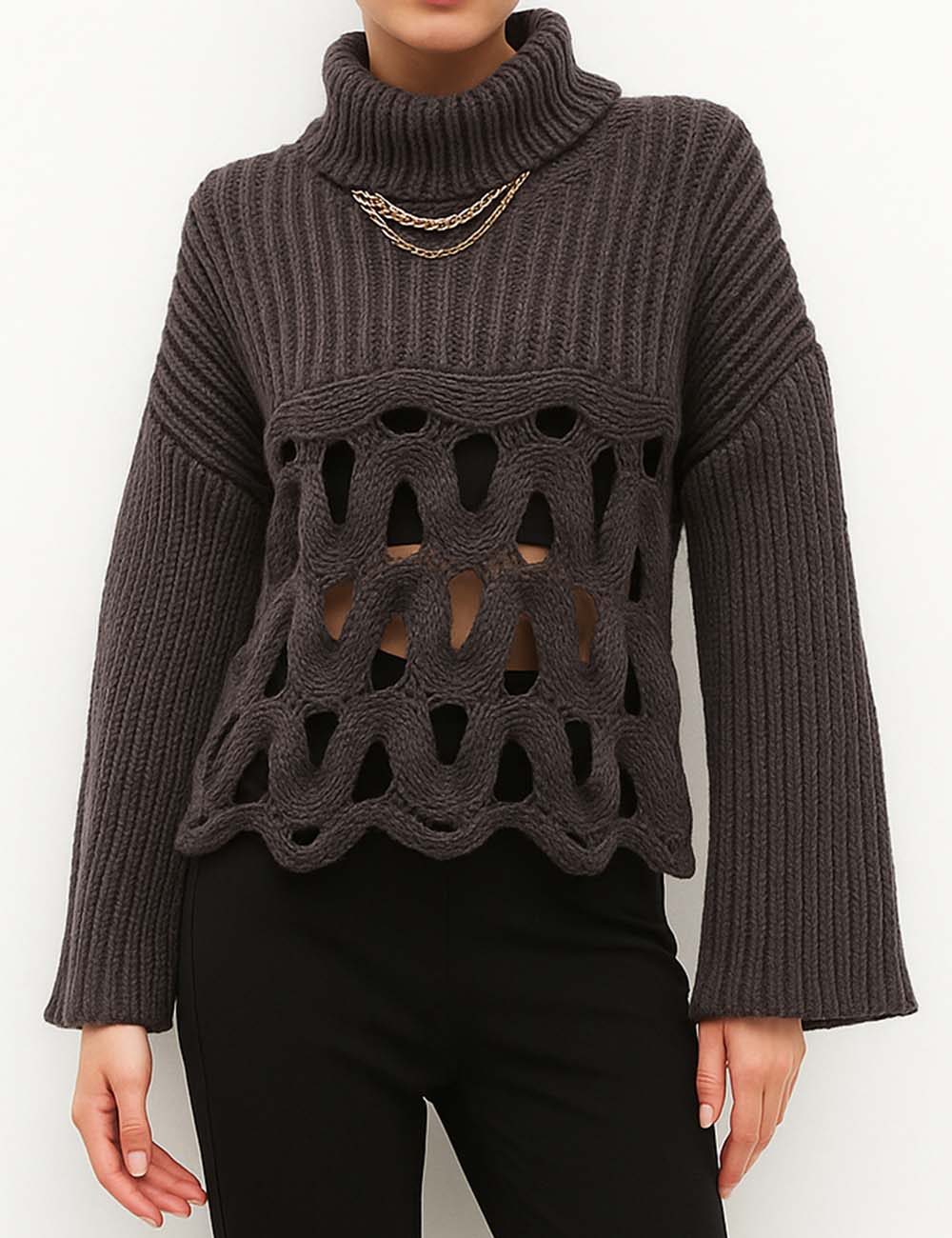 Ladies Turtle Neck Hollow Out Ribbed Knit Sweater Top