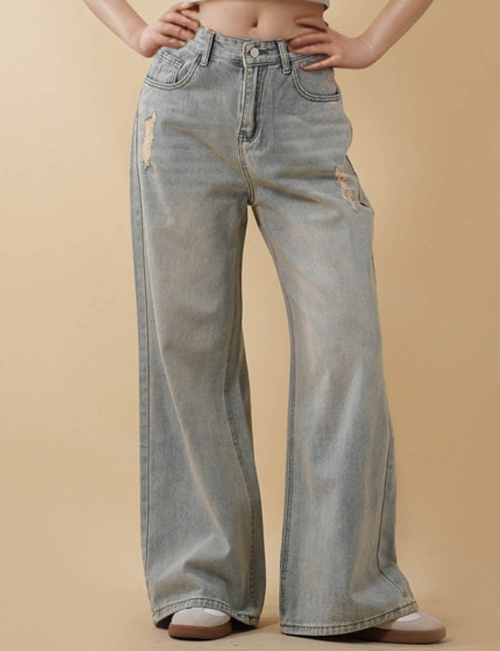 Ladies Classic Distressed Wide Leg Denim Pants