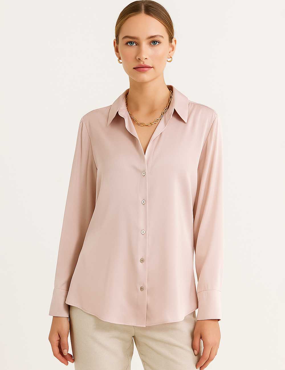 Ladies Stain Solid Color Turndown Collar Long Sleeves Shirt