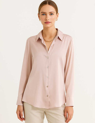 Ladies Stain Solid Color Turndown Collar Long Sleeves Shirt