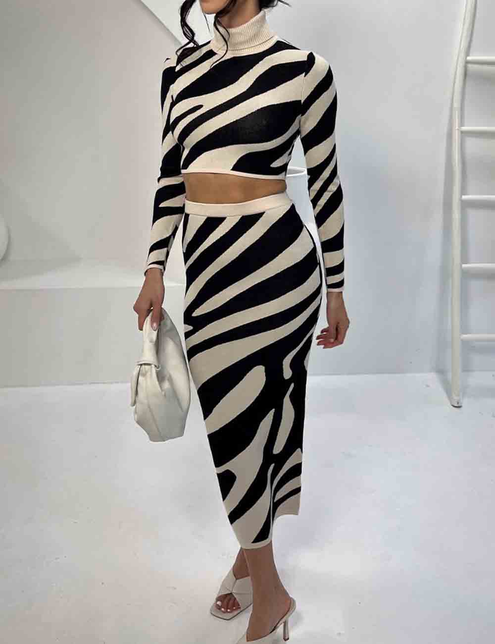 Ladies Color Block Striped Turthlenek Sweater Set