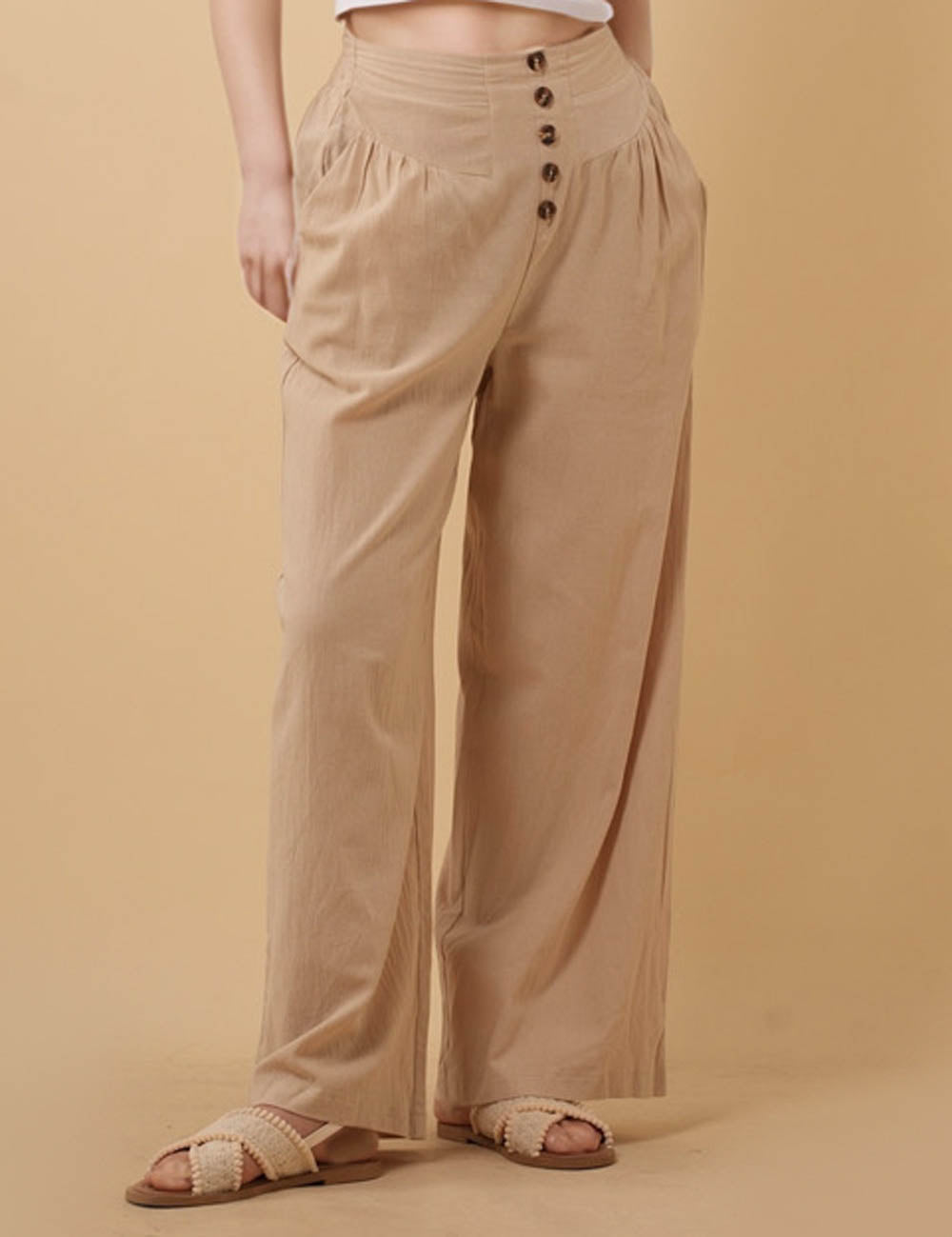 Ladies Button High Waist Wide Leg Pants 8SKP50456