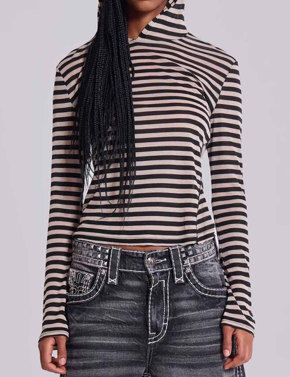 Ladies Hoodie Striped Long Sleeves Knit Layering Top