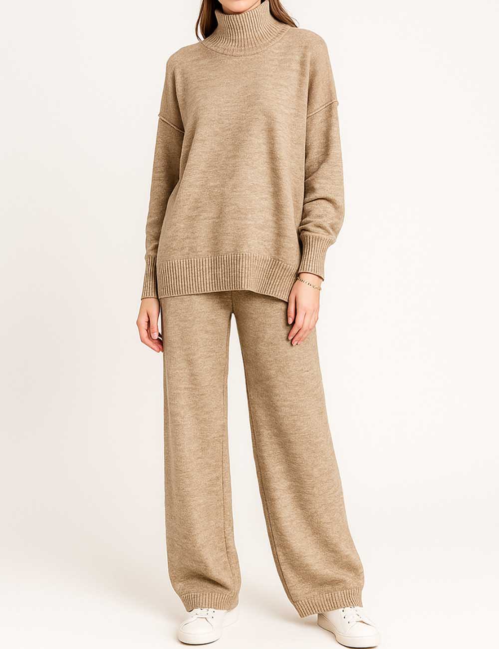 Ladies Solid Color High Collar Long Sleeves Sweater & Pants Set
