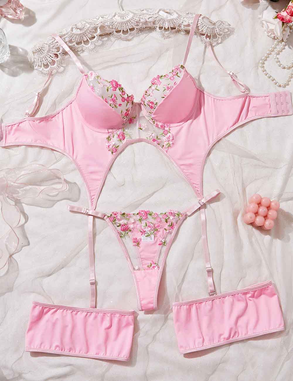 Ladies Sexy Floral Embroidery Push Up 3 PCS Lingerie Set