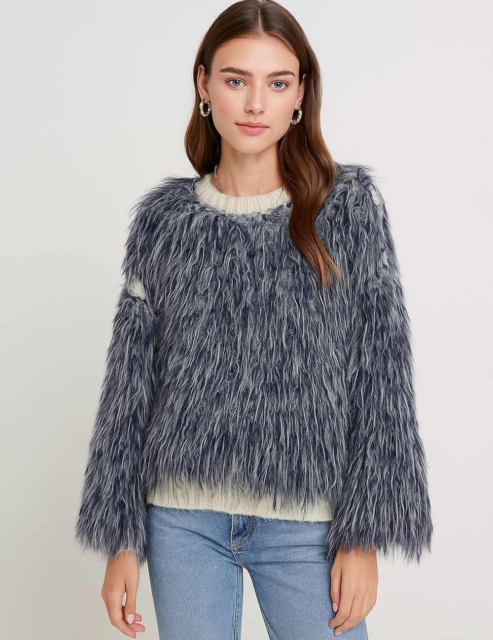 Ladies Faux Fur Fringe Round Neck Sweater Top