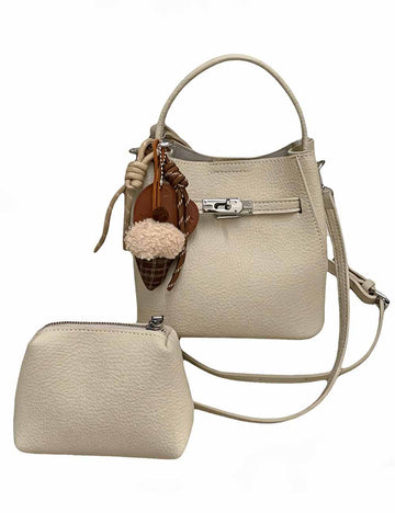 Ladies Litchi Faux Leather Crossbody Mini Bucket Bag Set