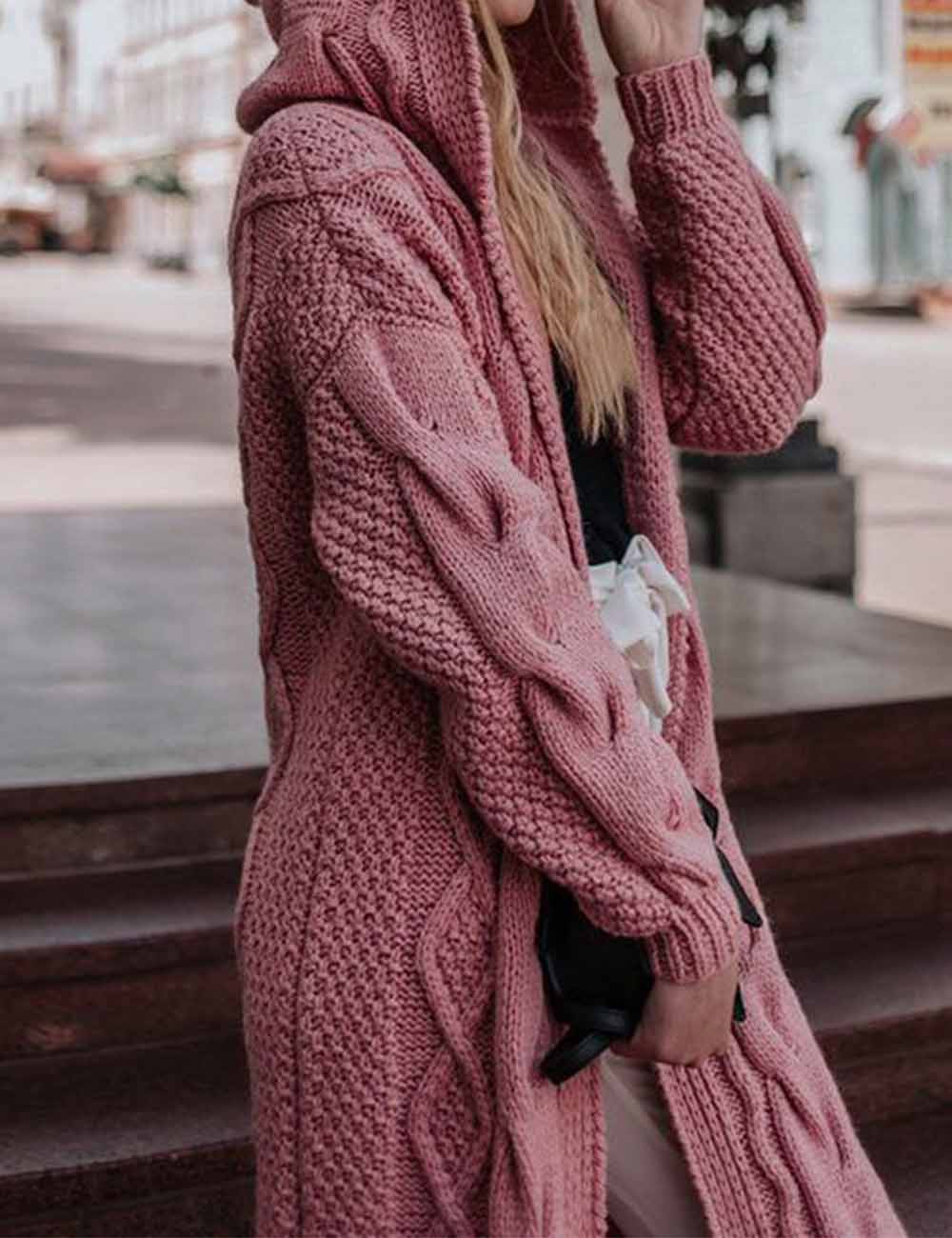 Ladies Solid Color Hoodie Cable Knit Sweater Coat Cardigan SKT5KC115