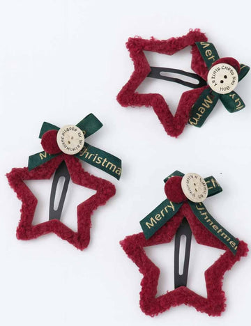 Ladies Christmas Fuzzy Star Bow Barrette Snap Hair Clip