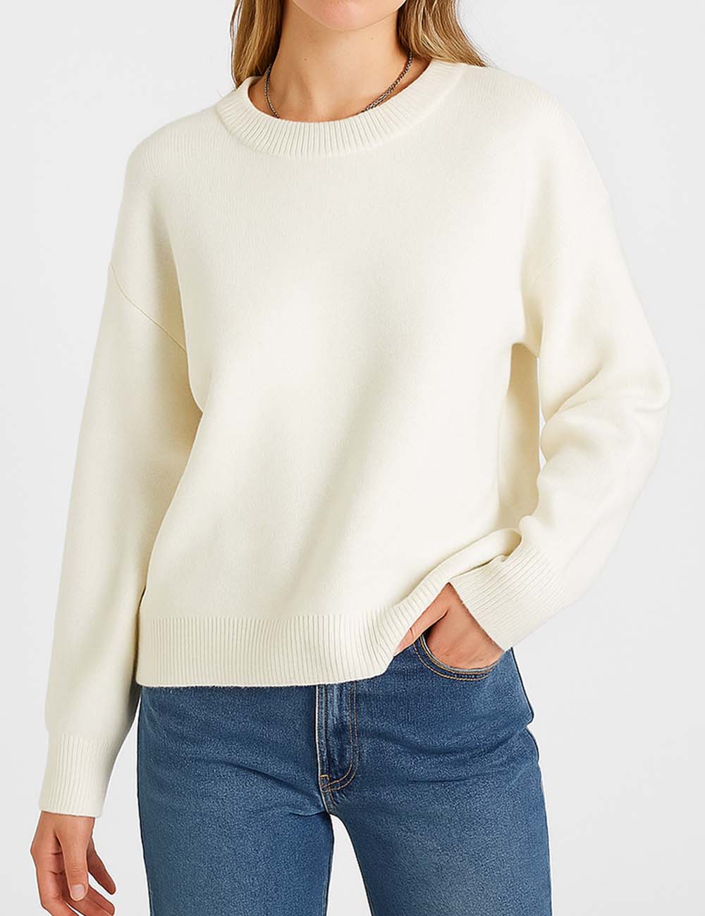 Ladies Solid Color Round Neck Pullover Knit Sweater