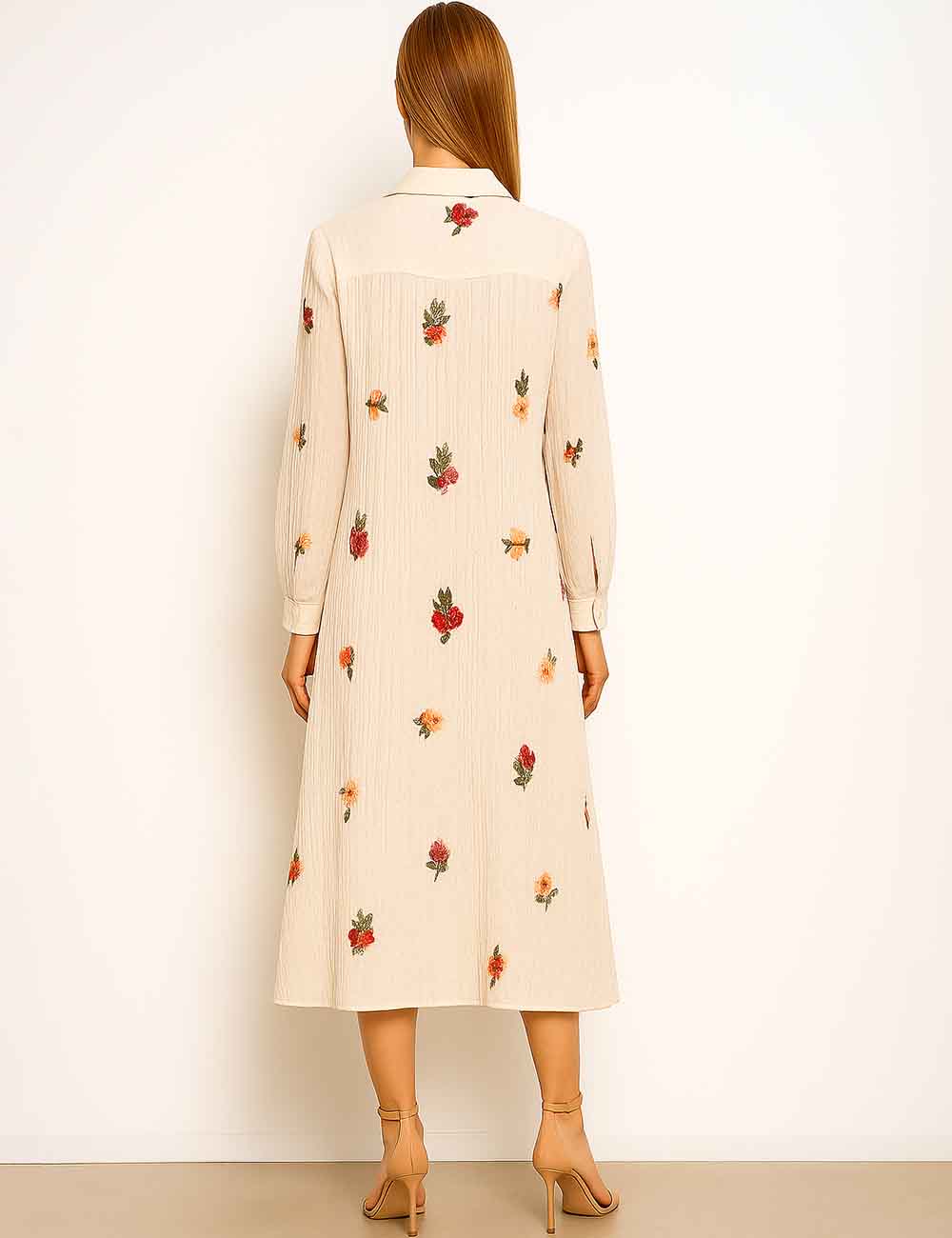 Ladies Embroidery Turndown Collar Long Sleeves Midi Dress