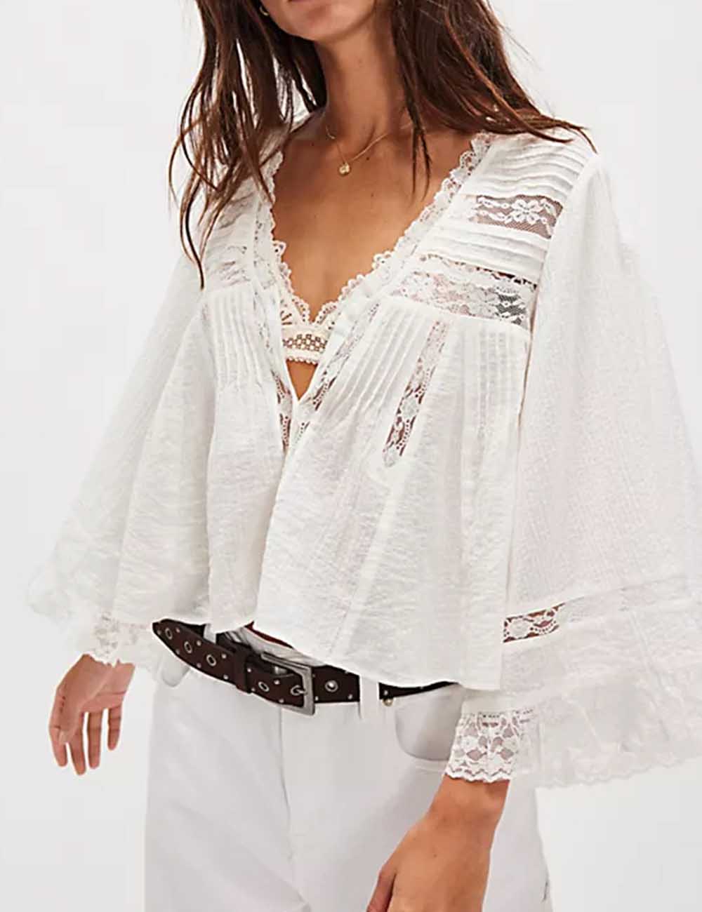 Ladies Solid Color Eyelets Ruffle Lace Blouse