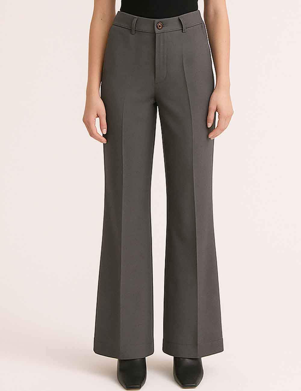 Ladies Solid Color Button Closure Slight Bell Leg Trousers