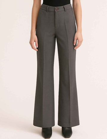 Ladies Solid Color Button Closure Slight Bell Leg Trousers