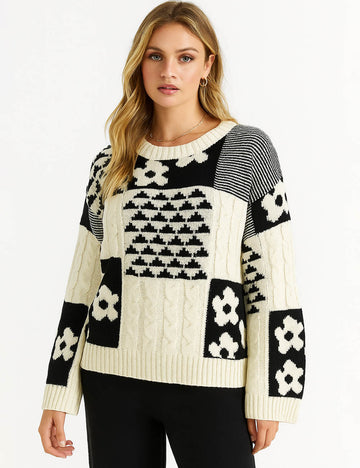 Ladies Floral Geometric Pattern Pullover Knit Sweater