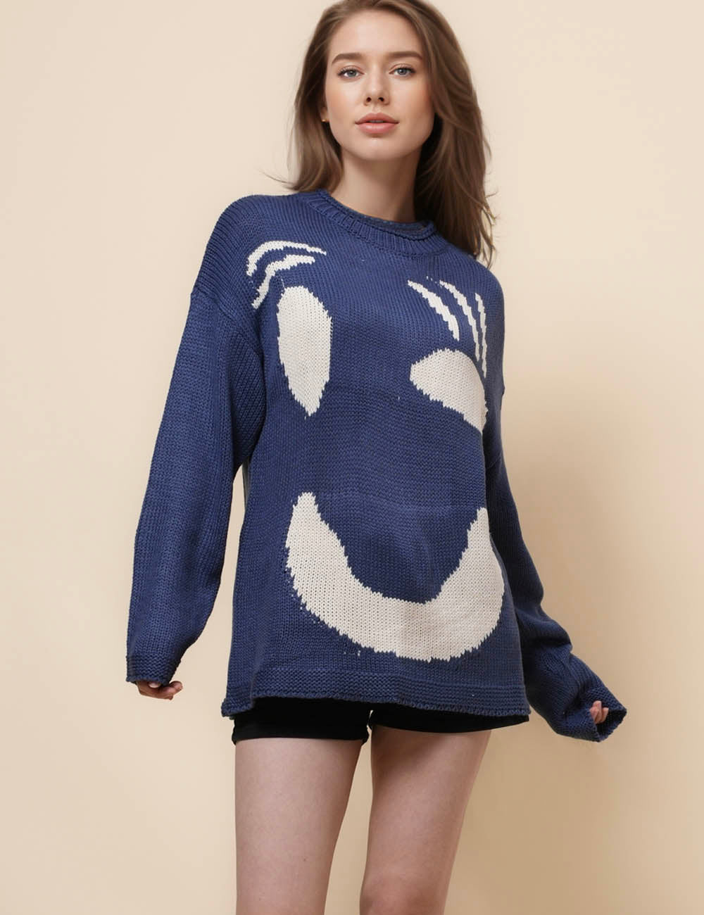 Ladies Color Block Smile Knit Relaxed Sweater SKT41164
