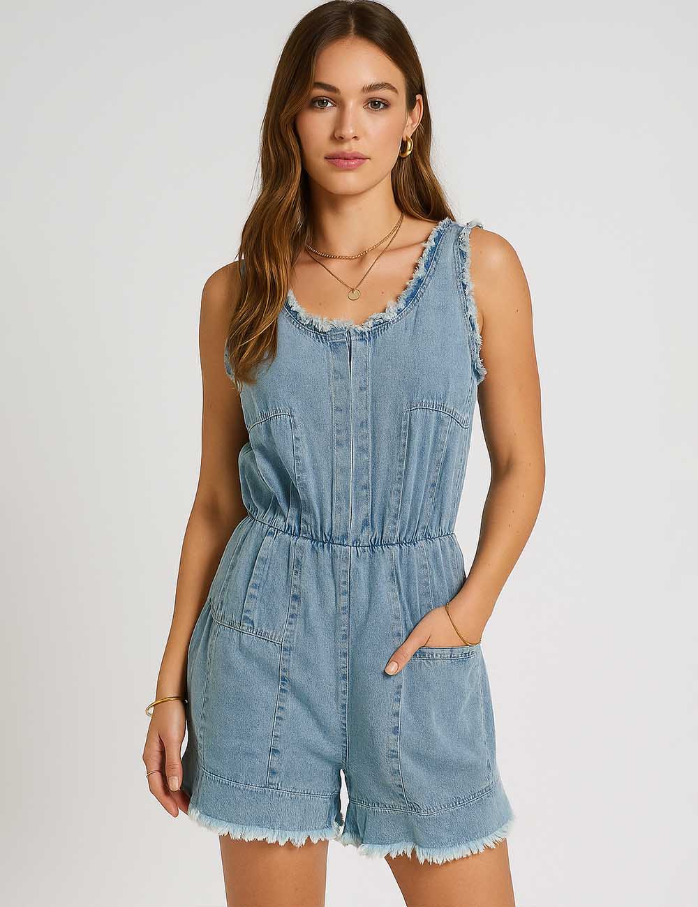 Ladies U-Neck Pleated Sleeveless Denim Romper SKJ5KC50