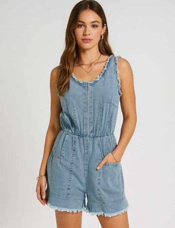 Ladies U-Neck Pleated Sleeveless Denim Romper SKJ5KC50
