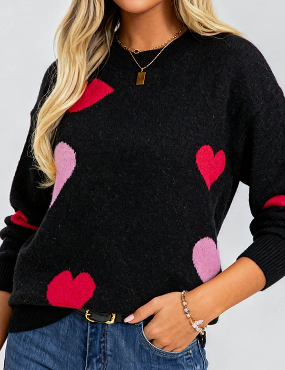 Ladies Valentine‘s Multi Color Heart Round Neck Sweater