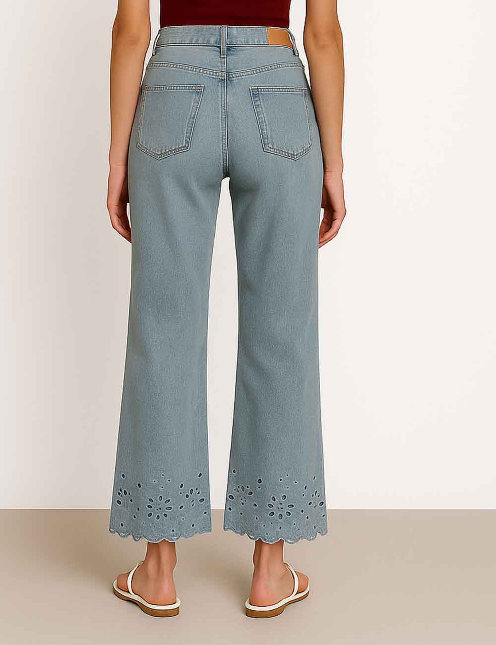 Ladies Floral Embroidery Beading Stright Leg Denim Pants
