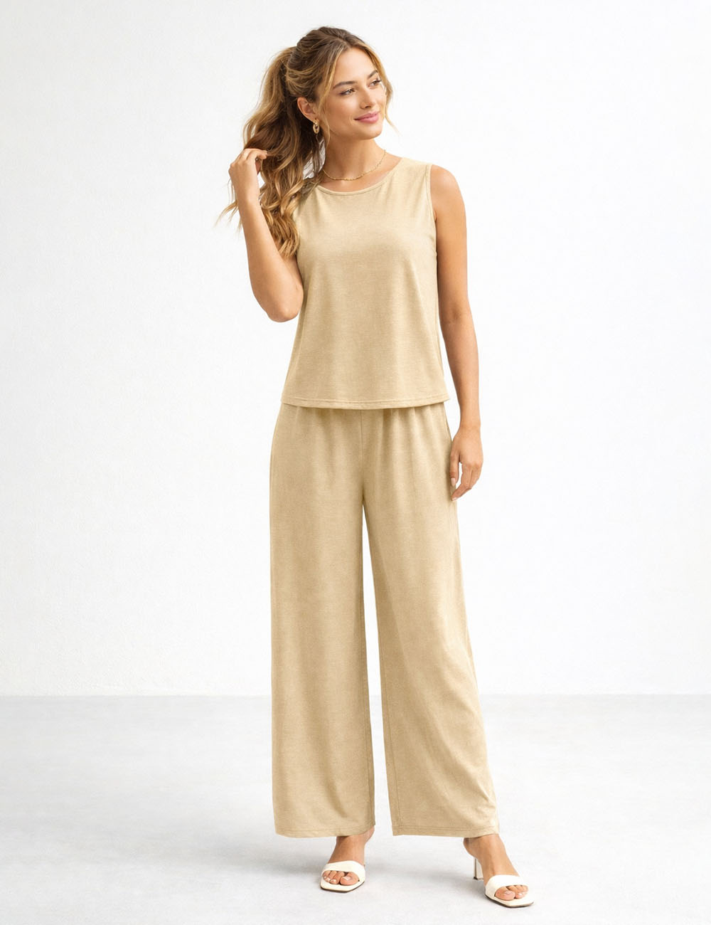 Ladies Solid Color Sleeveless Vest and Pants Sets AXR366 - SWEETKAMA