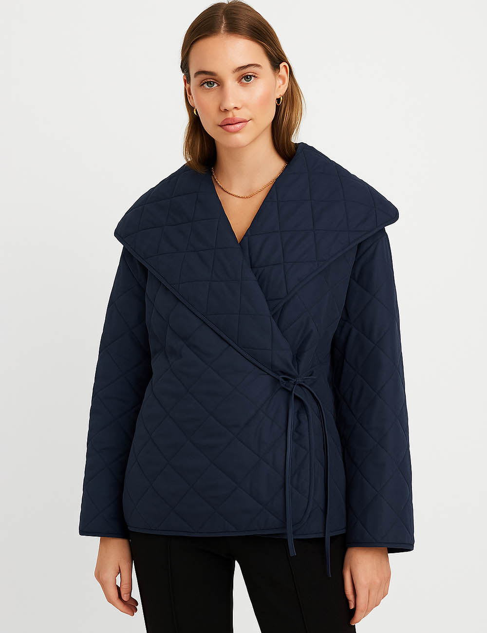 Ladies Solid Color Quilted Shawl Collar Wrap Tie Jacket