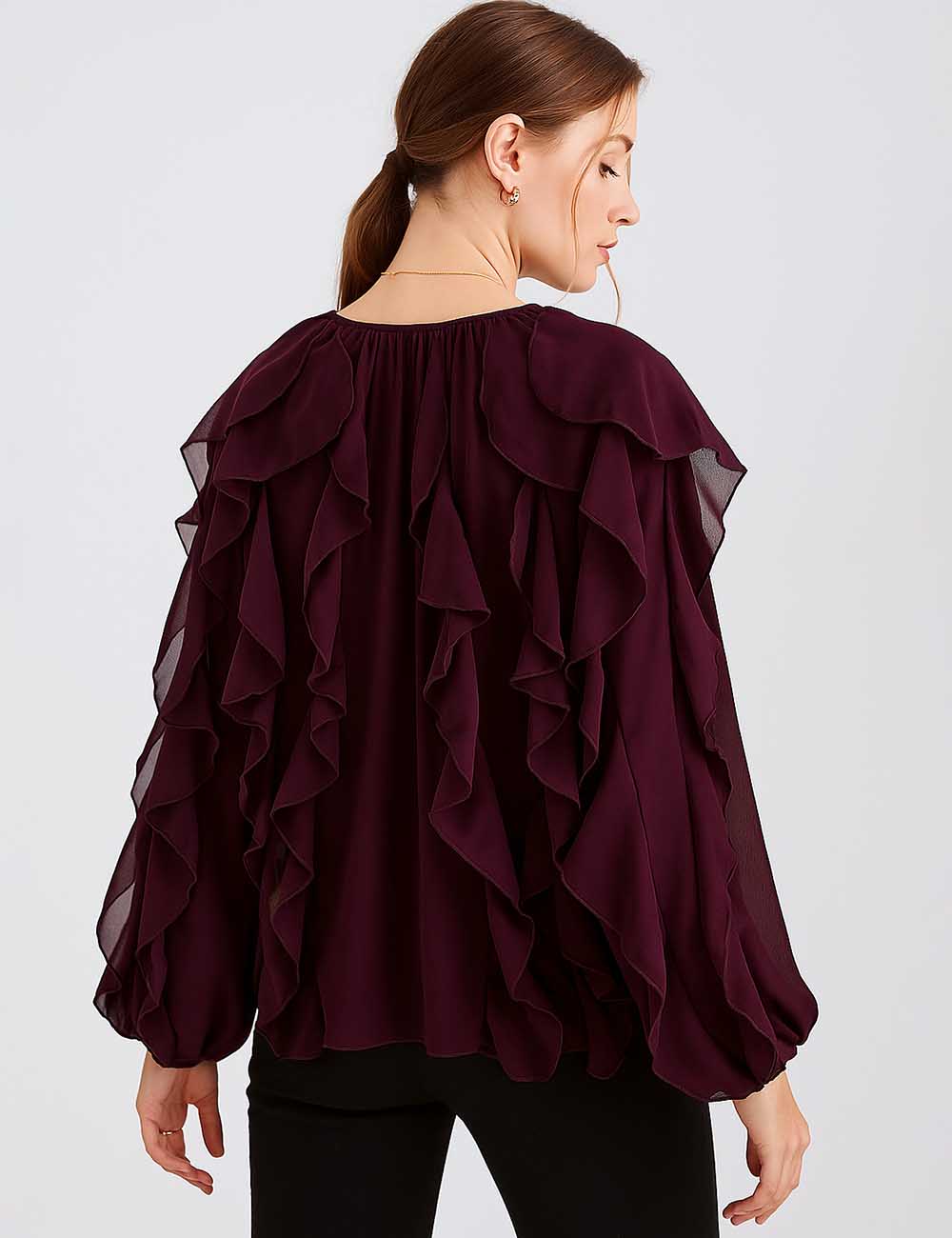 Ladies Chiffon Ruffled V-Neck Button Down Long Sleeves Blouse