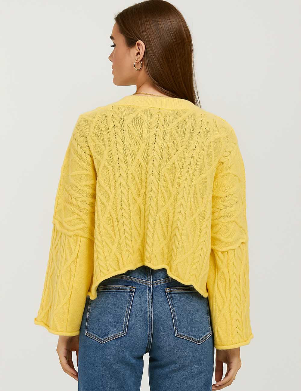 Ladies Geometric Pattern Rolled Edge Hem Pullover Knit Sweater