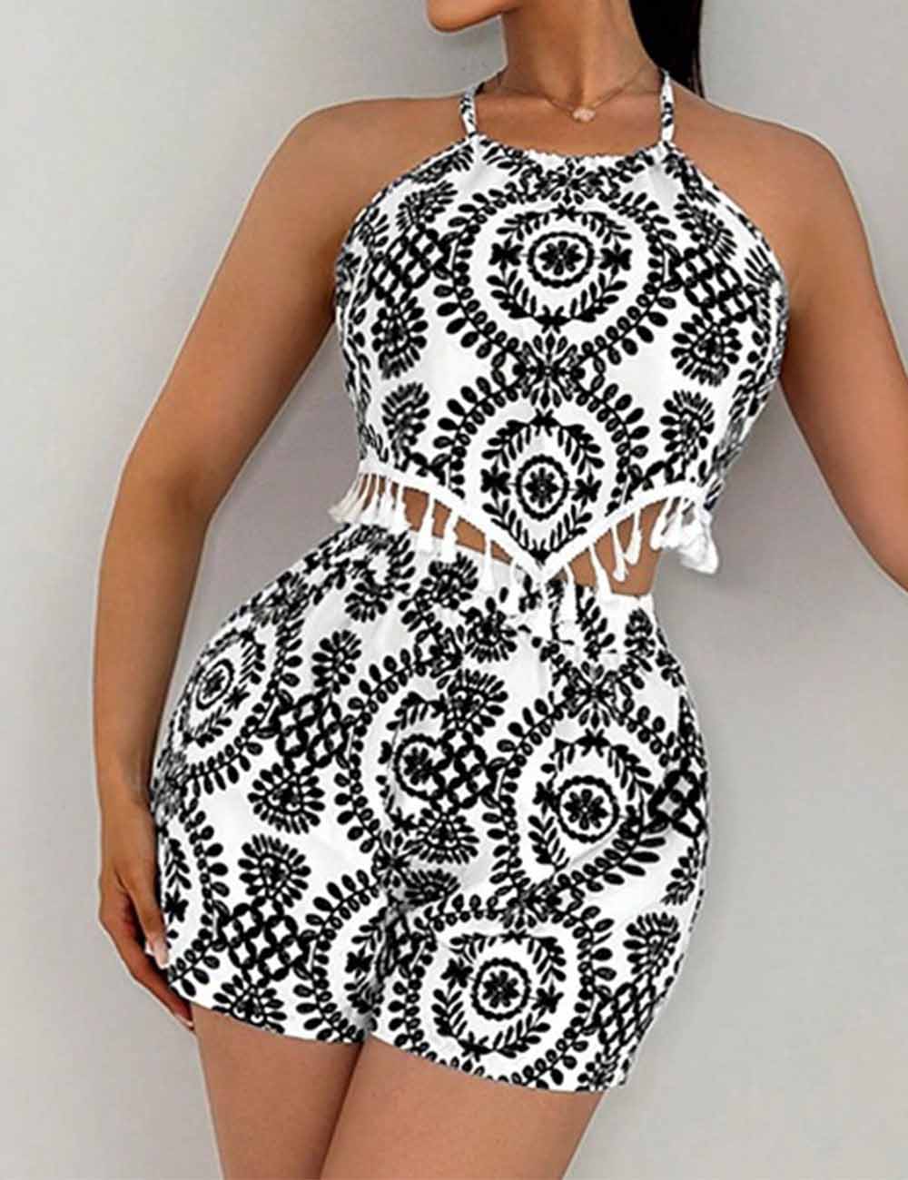 Ladies Allover Print Fringe Halter Backless Top & Shorts Set 