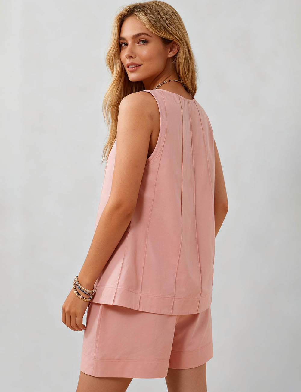 Ladies Solid Color Round Neck Pleated Tank Top & Shorts Set