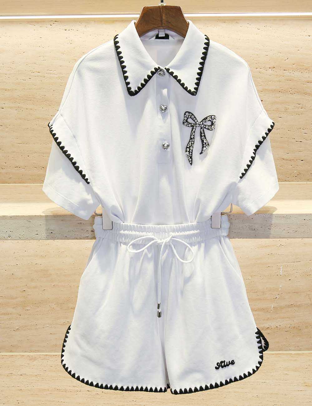 Ladies Color Block Turndown Collar Bead Top & Shorts Set