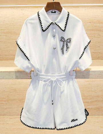 Ladies Color Block Turndown Collar Bead Top & Shorts Set
