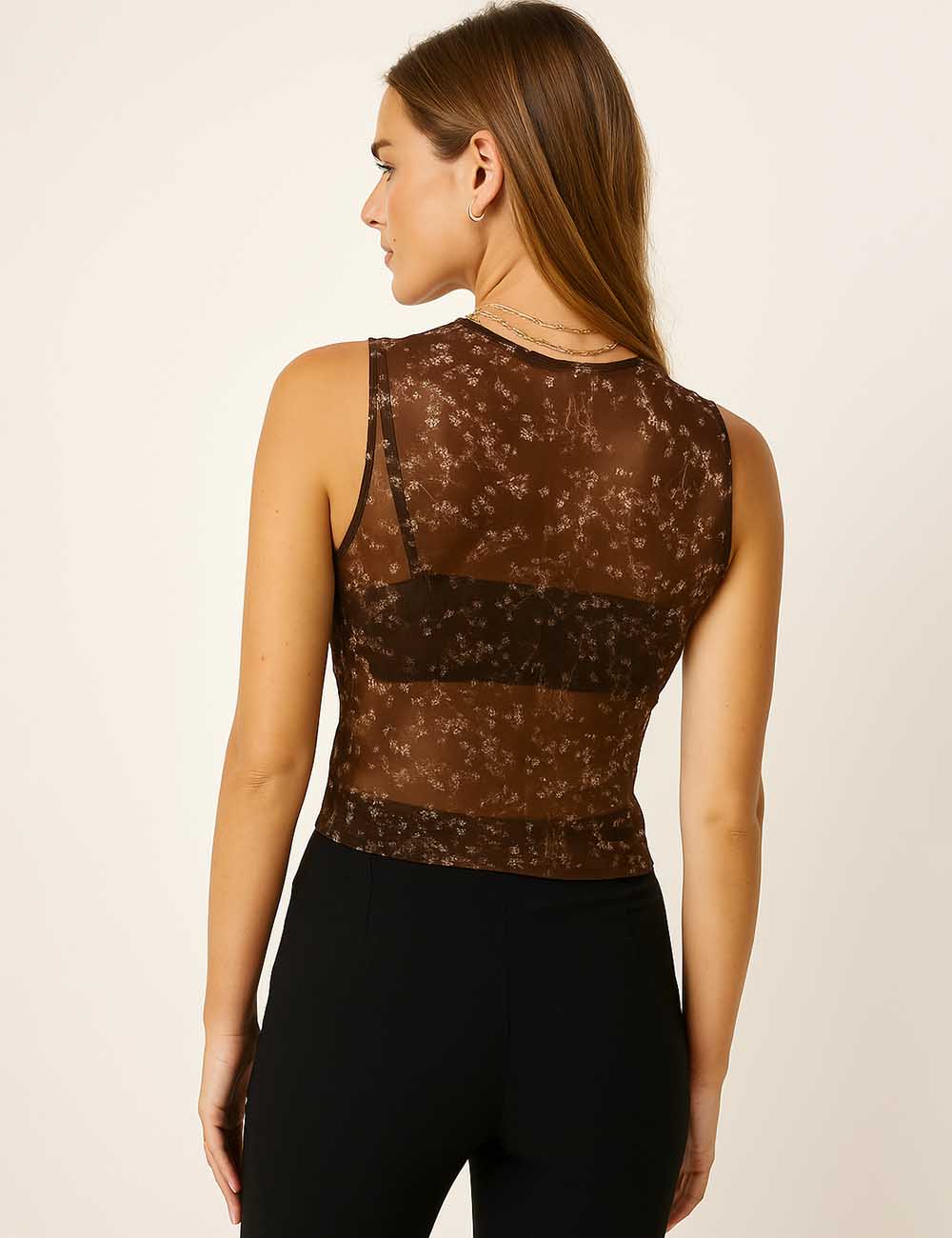 Women Tiny Flower See Sheer Mesh Layering Tank Top