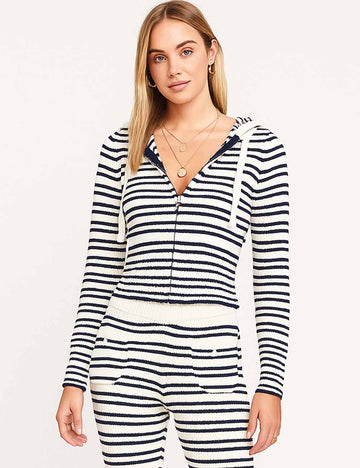 Ladies Striped Color Block Hoodie Zipper Front Knit Sweatshirt