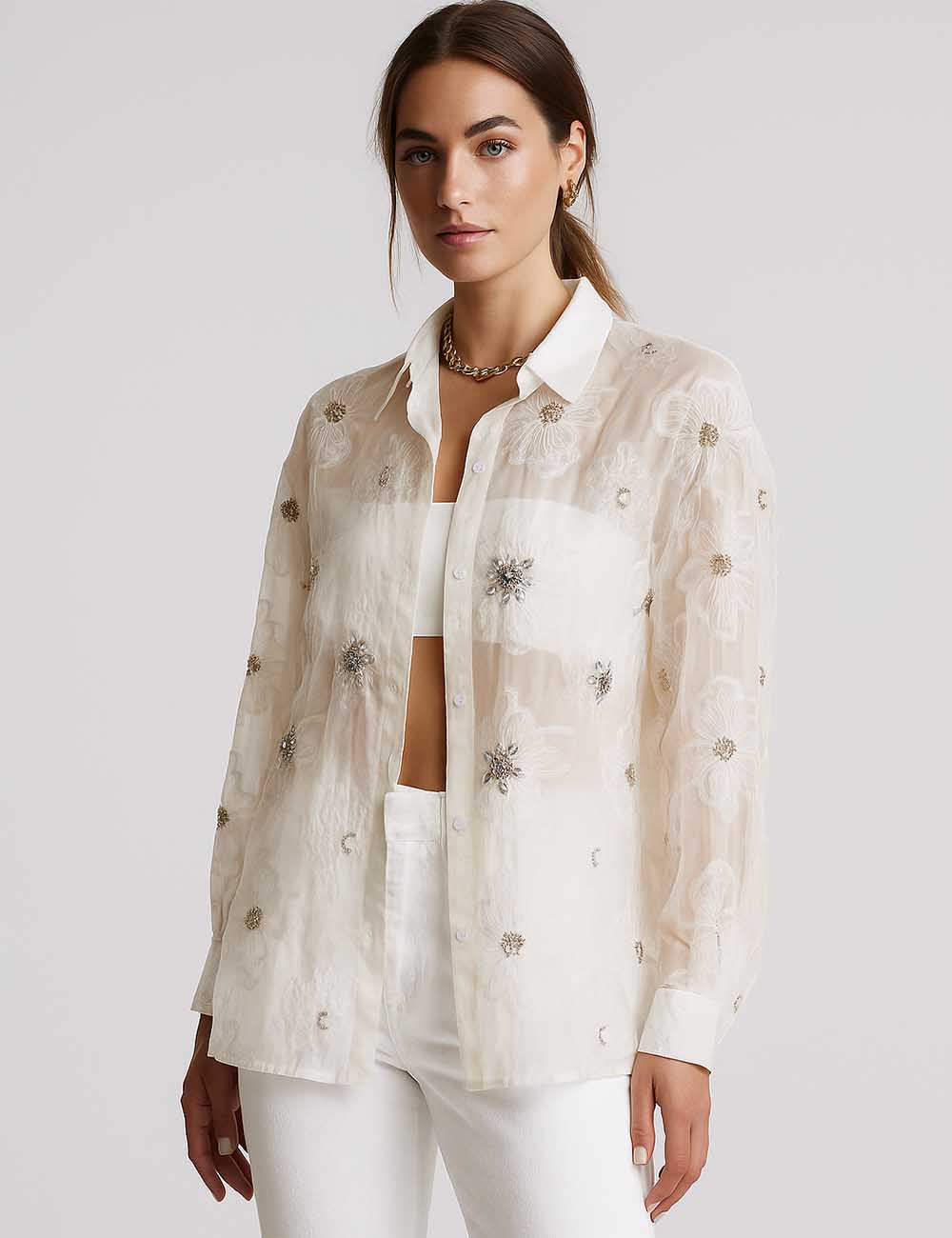 Ladies Floral Embroidery Blouse Beading Turndown Collar Shirt