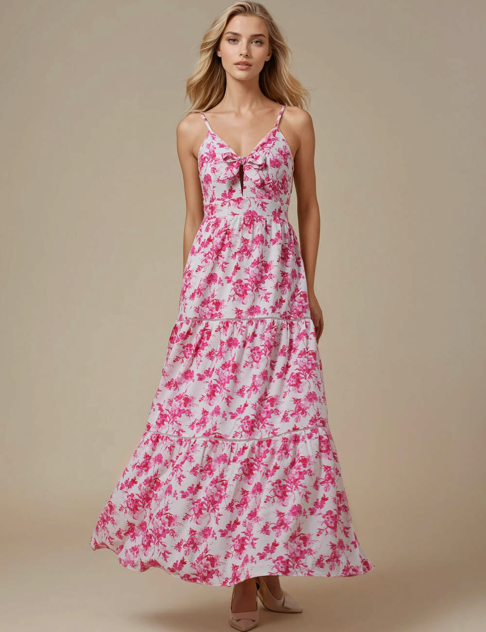 Ladies V-Neck String Shoulder Floral Print Maxi Dress JD5012