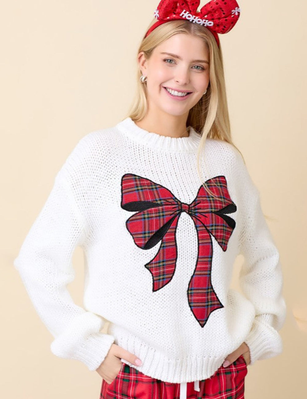 Ladies Merry Christmas Bowknot Pullover Sweater SKT4836