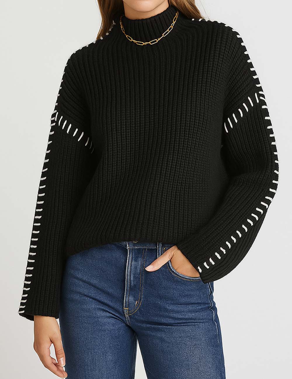 Ladies Color Block Stitching Stand Neck Long Sleeves Sweater