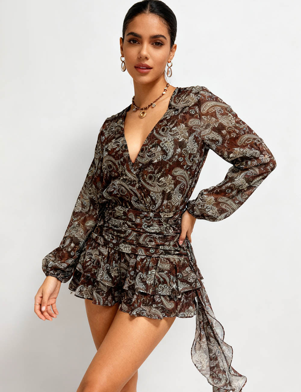 Ladies Paisley Print Wrap V-Neck Tiered Ruffle Mini Dress
