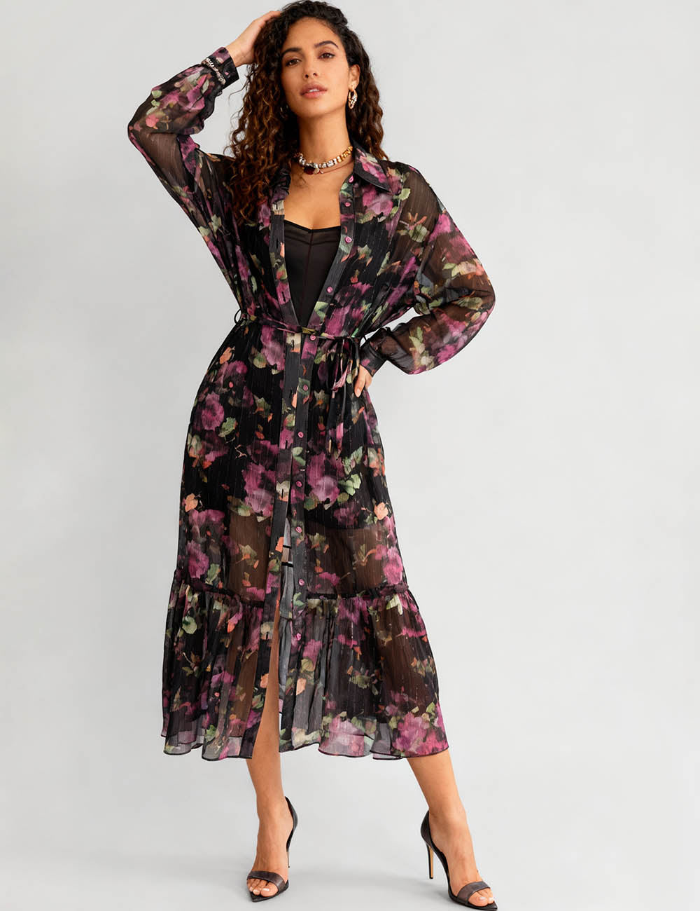 Ladies Floral Print Shirt Collar Ruffle Hem Chiffon Midi Dress