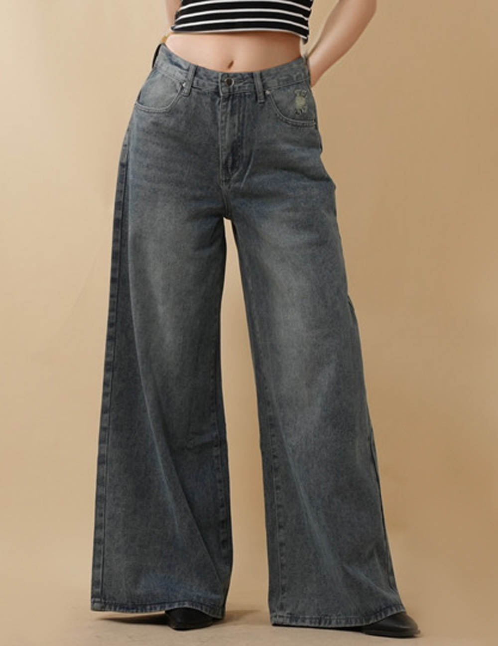 Ladies Distressed Wide Leg Button Pocket Denim Pants
