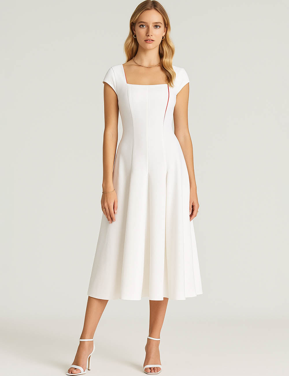 Ladies White Square Neck Cap Sleeves Midi Dress