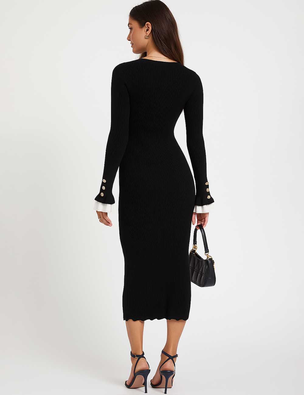 Ladies Color Block V-Neck Ruffled Sleeves Knit Midi Dress