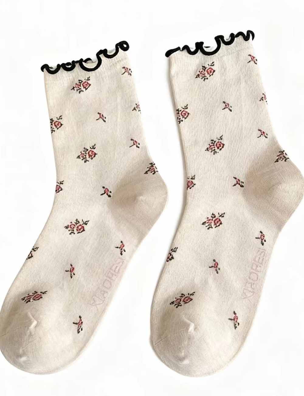 Ladies Floral Jacquard Lettuce Edge Knit Midi Calf Socks