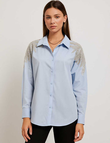 Ladies White Shiny Beaded Button Down Long Sleeves Shirt