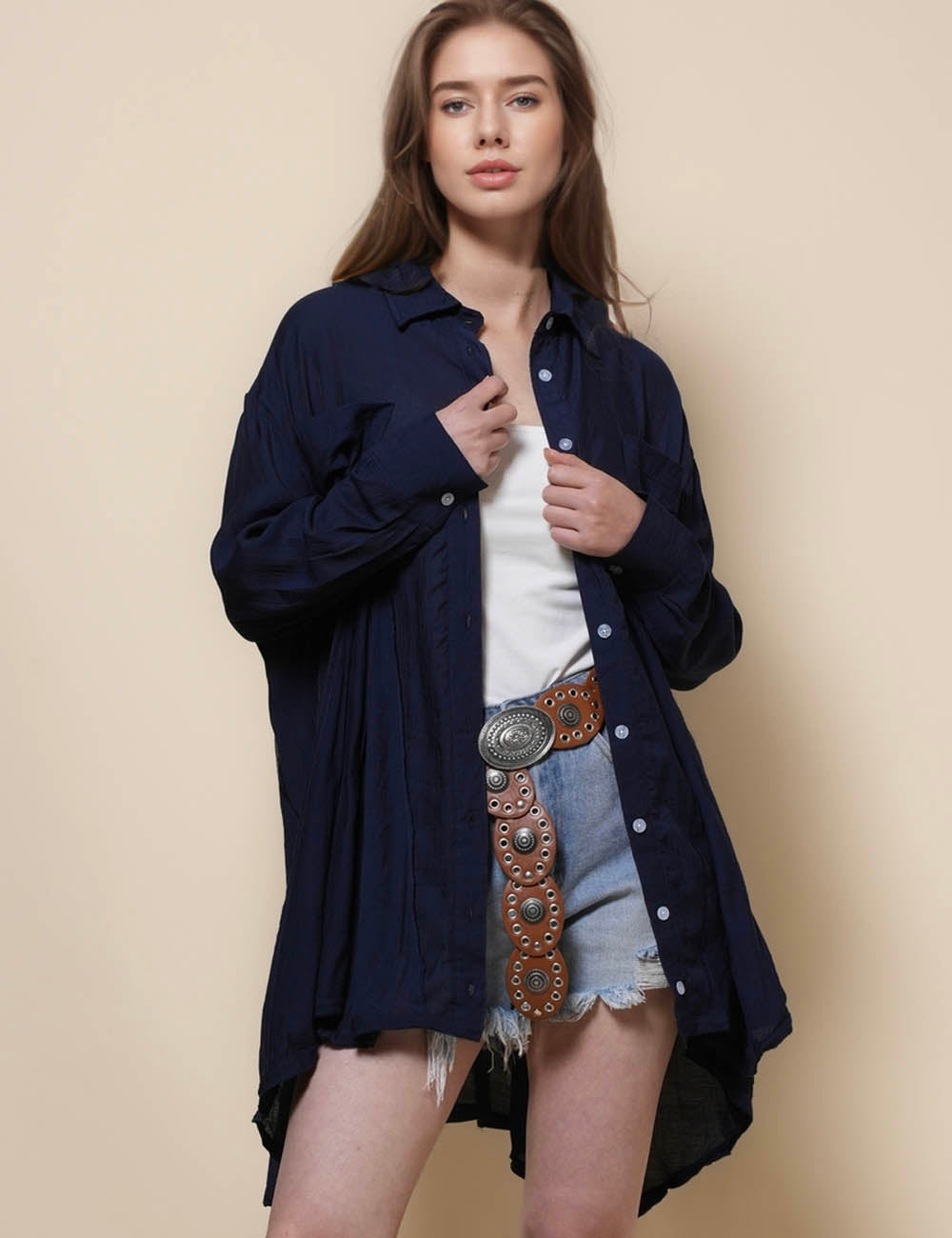 Ladies Turndown Collar Botton Down Mini Shirt Dress SKD41300