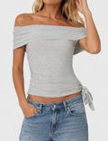 Ladies Striped Off-Shoulder Side Drawstring Top