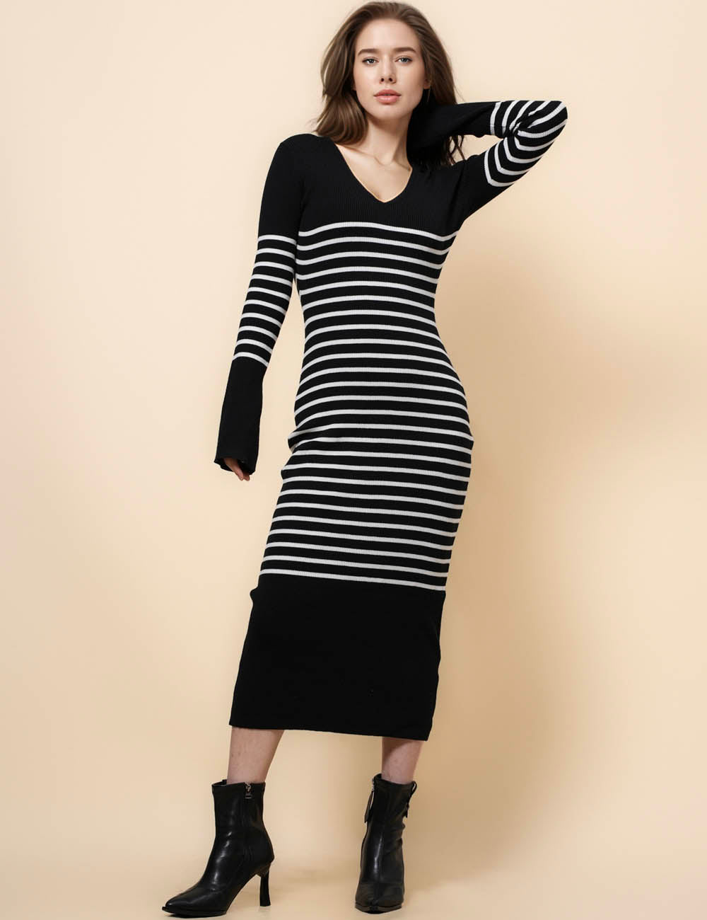 Ladies Color Block Stripe Knit Midi Dress SKD41235
