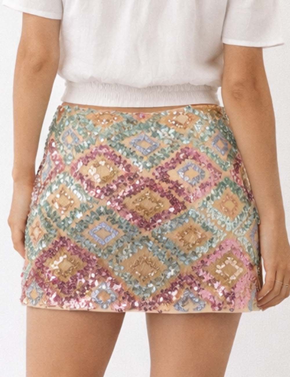 Ladies Boho Colorful Geometric Pattern Sequin Mini Skirt